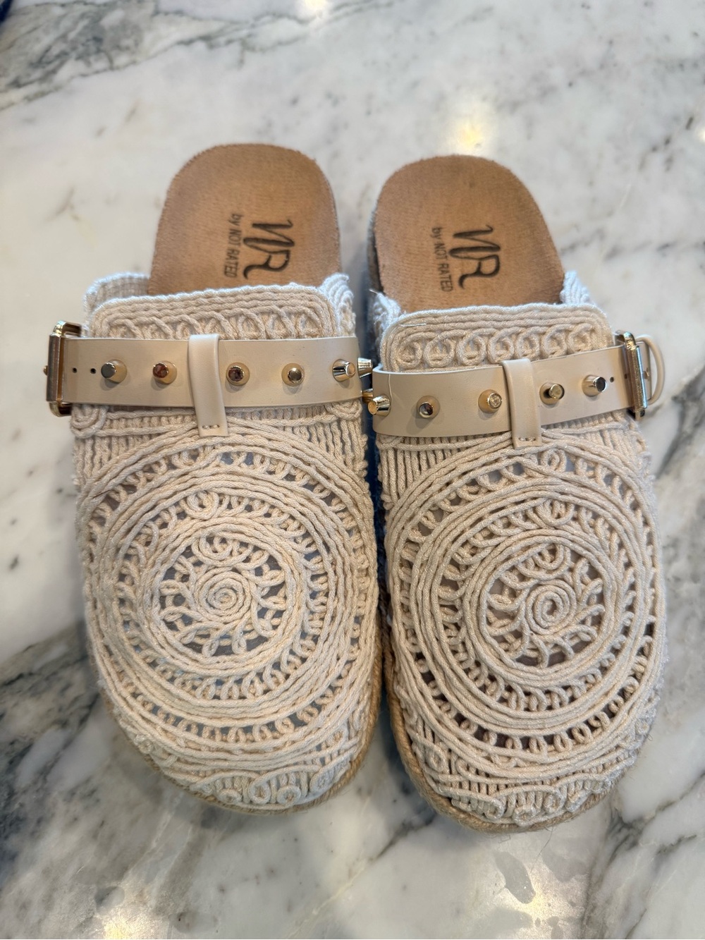 Not Rated Cream Macramé Crochet Espadrille Mule with Buckle Shoes Sandals New 8
